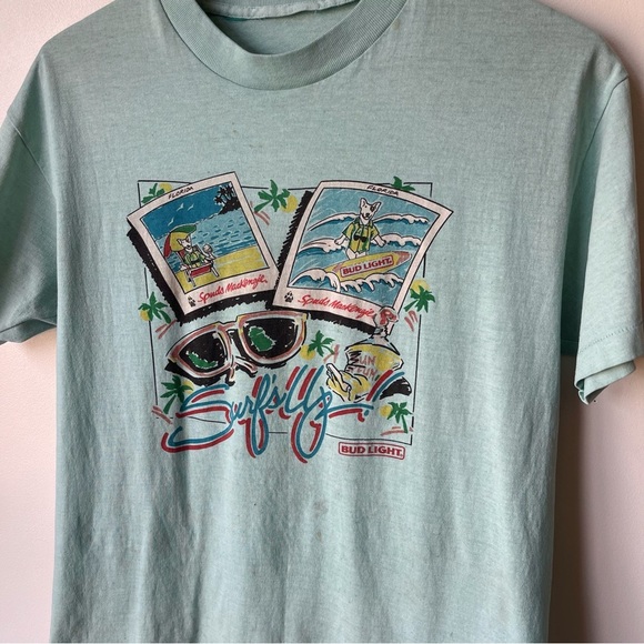 Vintage 1986 Spuds Mackenzie Surf's Up Bud Light T-Shirt Green l Unisex Graphic - Picture 3 of 5